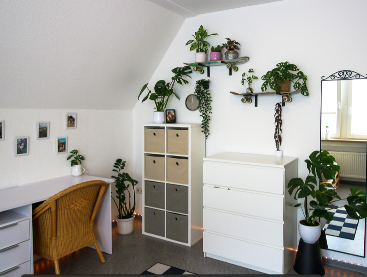 Weißer Wohnraum mit Schreibtisch, Regalen, Spiegel und Pflanzen