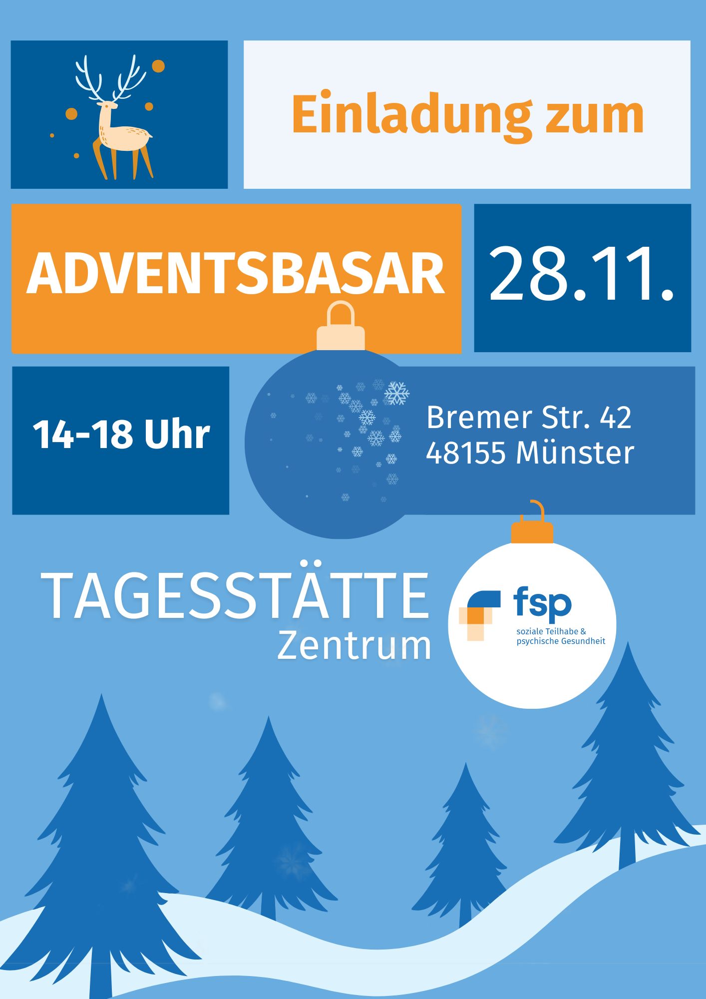 Plakat zum Adventsbasar am achtundzwansigsten elften in der bremer Straße 42 - Tagesstätte Zentrum